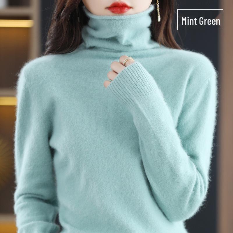 Women's Cashmere High Neck Sweater, Loose Fit, Short Mink Velvet Knit, Base Layer Wool Pullover for Autumn and Winter.