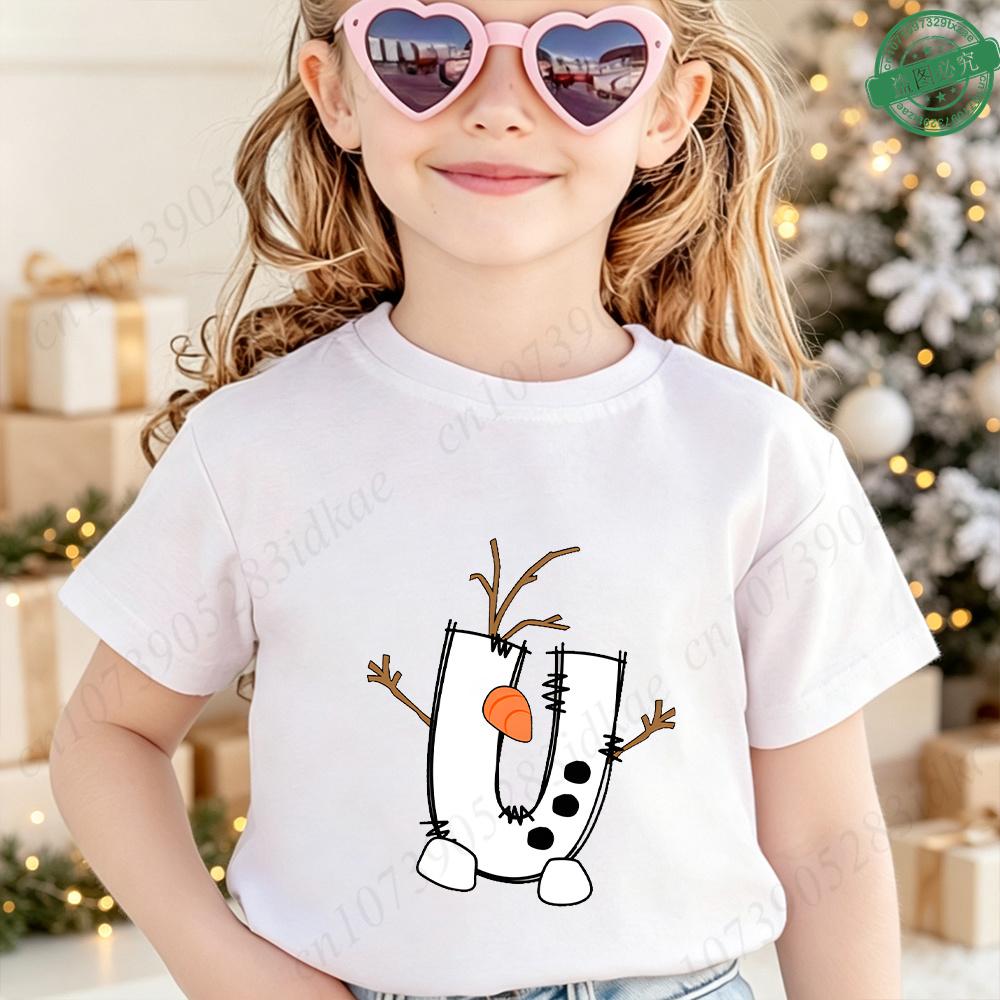 Christmas Cute Design A‑Z 26 Alphabet Printed Kids Tee Cotton O‑Neck Short Sleeve Boys Girls Winter Holiday Party Child Clothing