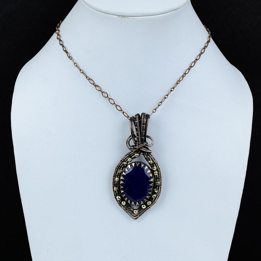 Lab-Created Blue Sapphire Gemstone Pure Copper Wire Wrapped Handmade Jewelry Pendant