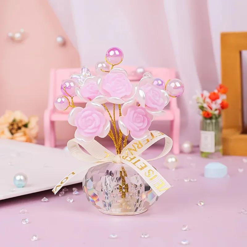 Exquisite Crystal Rose Bouquet Crystal Craft Decorative Mini Crystal Flower Figurine Creative Fashion Car Handmade Rose Ornament