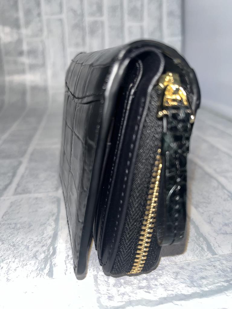 GUODI Bi-fold Wallet, Genuine Crocodile Leather, Shining (Glazed) Finish, for Men and Women, HL-9769-CRS (Black), Compact Folding Wallet