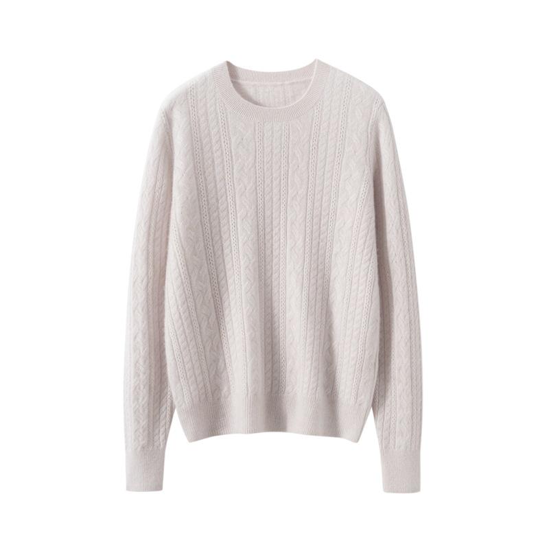 Women's Cable Knit Cashmere Sweater - Round Neck, Soft Pullover, Loose Fit, Perfect for Autumn & Winter.