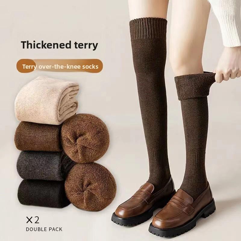 Female Autumn and Winter Thickened Plush Ring Warm Pure Color All Match Show Thin Leg Socks