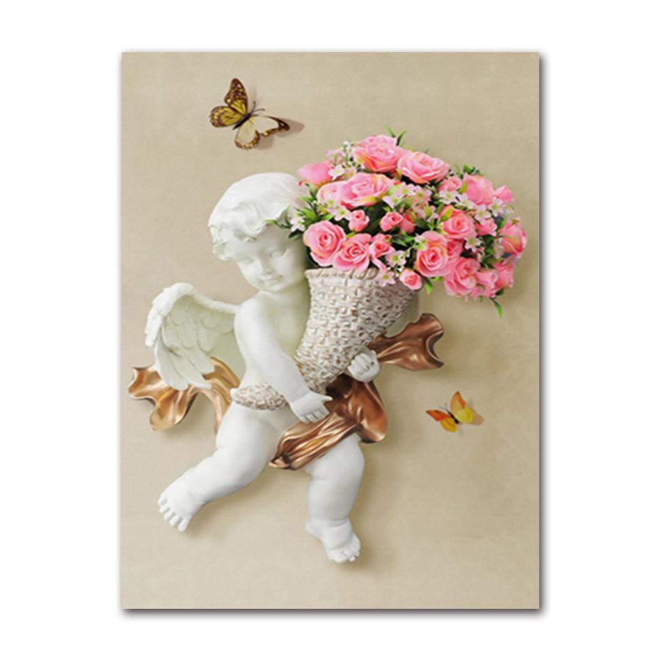 White Angel Stone Statue Pink Red Rose Canvas Painting Photo Flower Art Poster Print Wall Picturesliving Room Home Decoration 21X30CMNo Framed