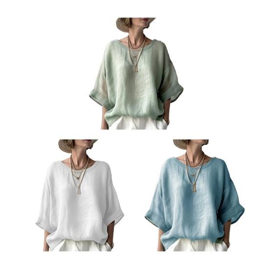 Women Tops Round Neck Half Sleeve Loose Fit Pullover Tops Pure Color Soft Fabric Casual Blouse Daily Wear