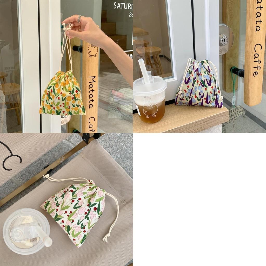 Adorable Tulip Drawstring Storage Bag Trendy Canvas Makeup Organizer Small Tote