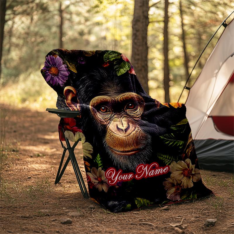1PC Custom Name Chimpanzee Floral Frame outdooor Flannel blankets Patterns Throw Blanket All-Season Soft Gift for Couch, Bed, Camping gifts