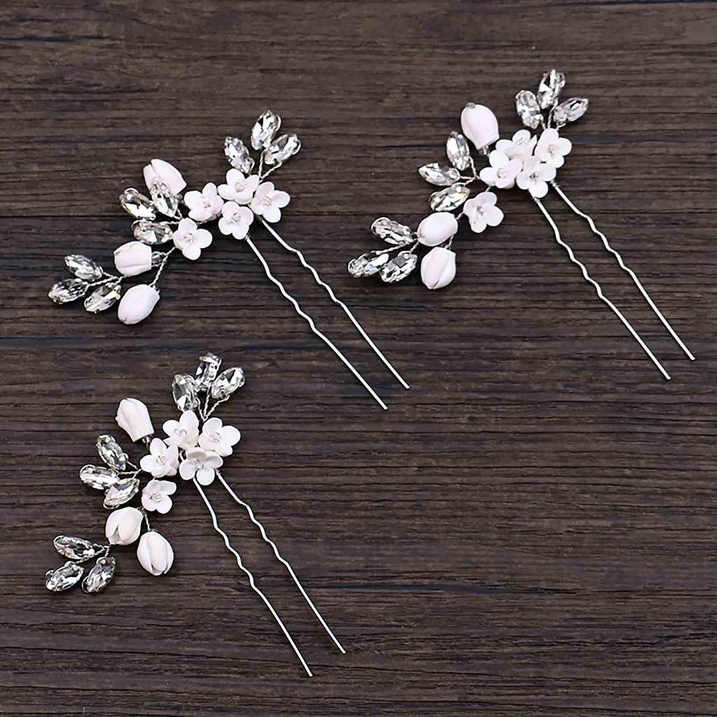 U Shape Hairpin for Women White Flower Decor Handmade Alloy Hairpin for Women Long & Thick Hair