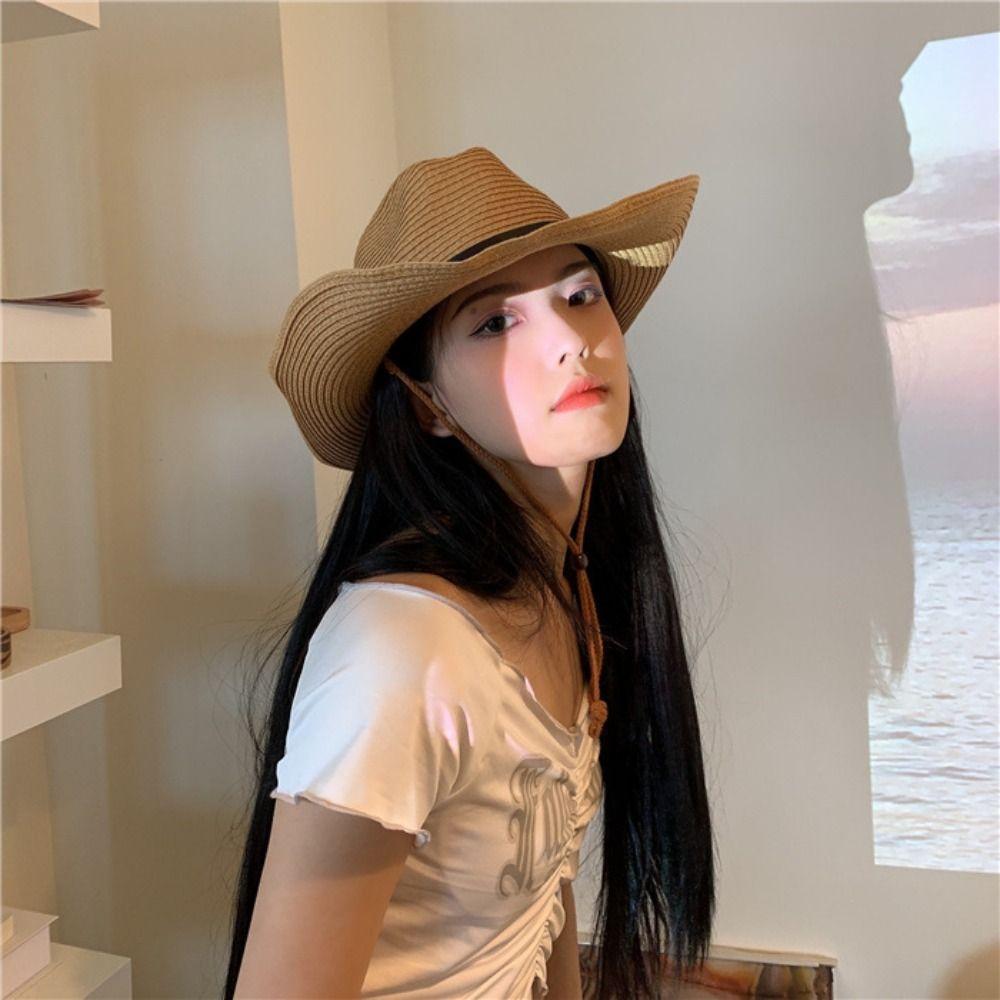 Foldable Straw Visor Hat Wide Brim Sun Protection Cap Fashion Western Cowboy Hat  Women Men