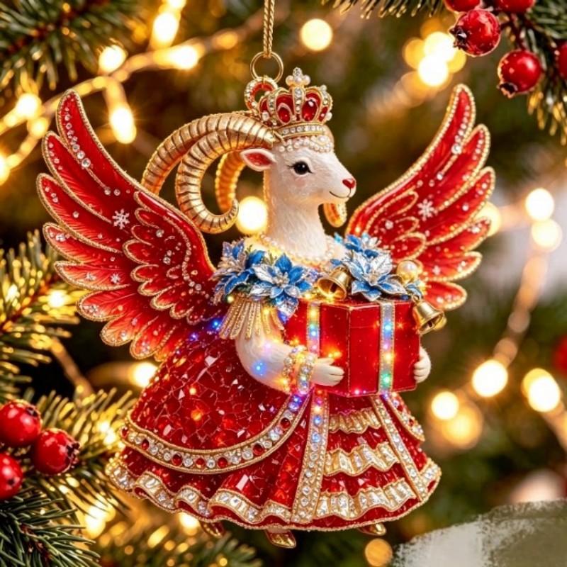 2D Flat Acrylic Hanging Ornament Red Gold Winged Goat Acrylic Pendant Christmas Tree Decoration Lunar New Year Holiday Gift