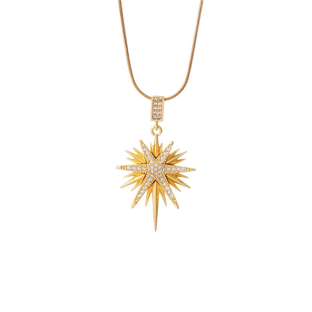 Colar Feminino Nova Moda Versátil Estrela de Oito Pontas Cobre Banhado a Ouro Zircônia Design Pingente Corrente para Clavícula de Aço Titânio