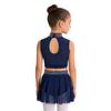 Children’s Sparkle Rhinestone Sleeveless Mock Neck Top Keyhole Back and Ruched Irregular Skirt for Dance Show Practice