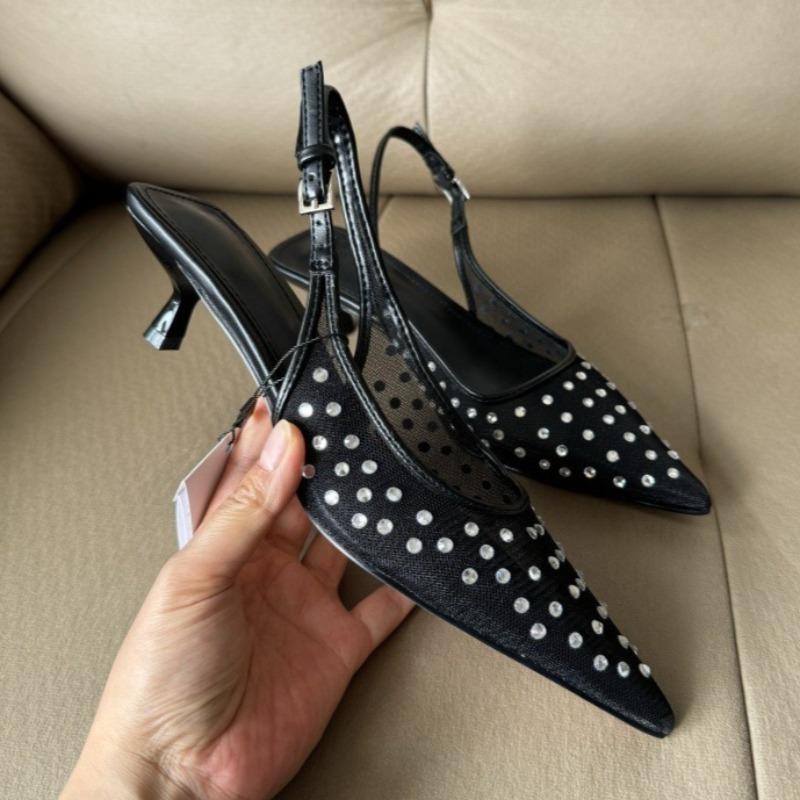 Fashion Luxury Rhinestones Mesh Women High Heels Sandals 2025 Summer Pointed Toe Dress Slingbacks Sexy Office Work Lady Mules Shoes