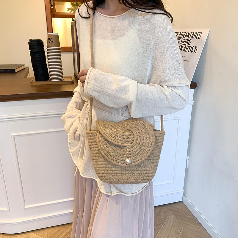 Small Fresh Pearl Flip Small Bag Crossbody Cotton Rope Woven Bag Casual Shoulder Straw Bag Mini Beach Bag Women's Bag