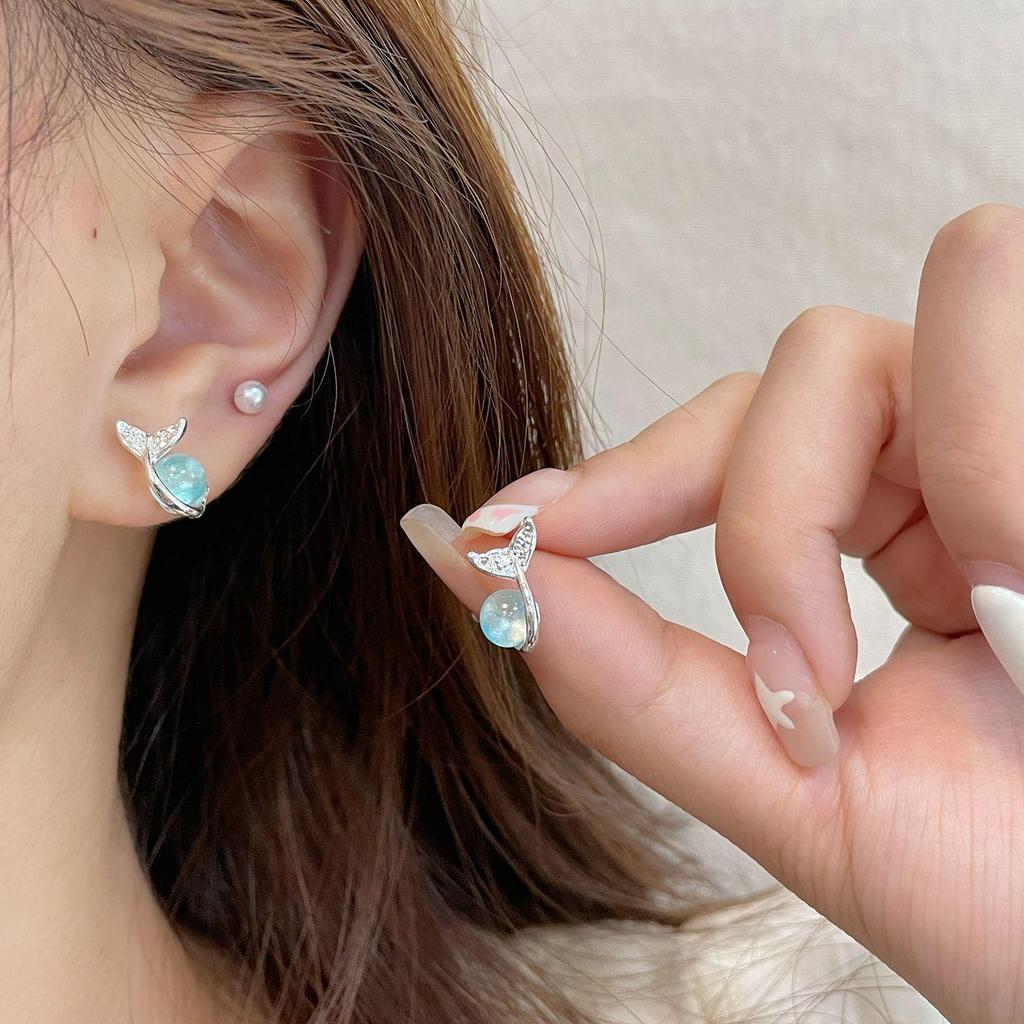 Silver Fishtail Bubble Ball Earrings Set for Women - Simple Summer Style