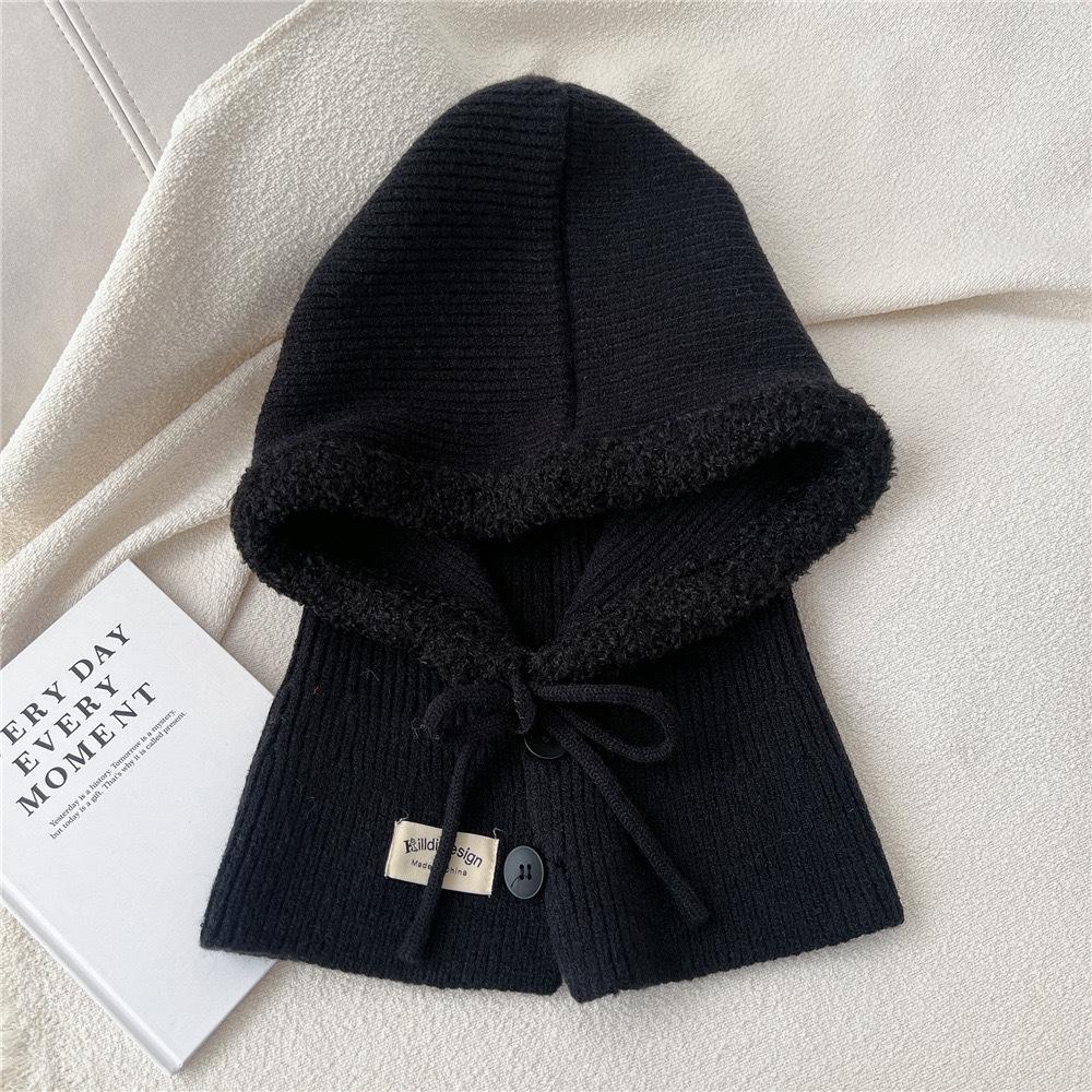 1pc Women's Drawstring Faux Collar Balaclava Hat,Outdoor Warm Knitted Face Neck Protective Hood Cape,for Winter Cold Protection