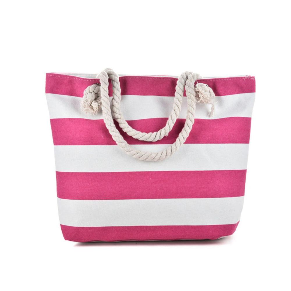Striped Beach Tote Bag Canvas Foldable Shoulder Bag Zipper Large Capacity Travel Handbag For Travel Work Beach Gym Store
