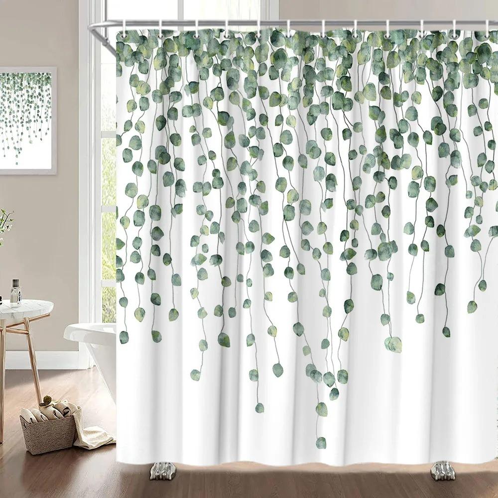 Tropische Grüne Blätter Pflanze auf Weißem Hintergrund Geruchslose Duschvorhänge für Badezimmerduschen und Badewannendekor mit Haken