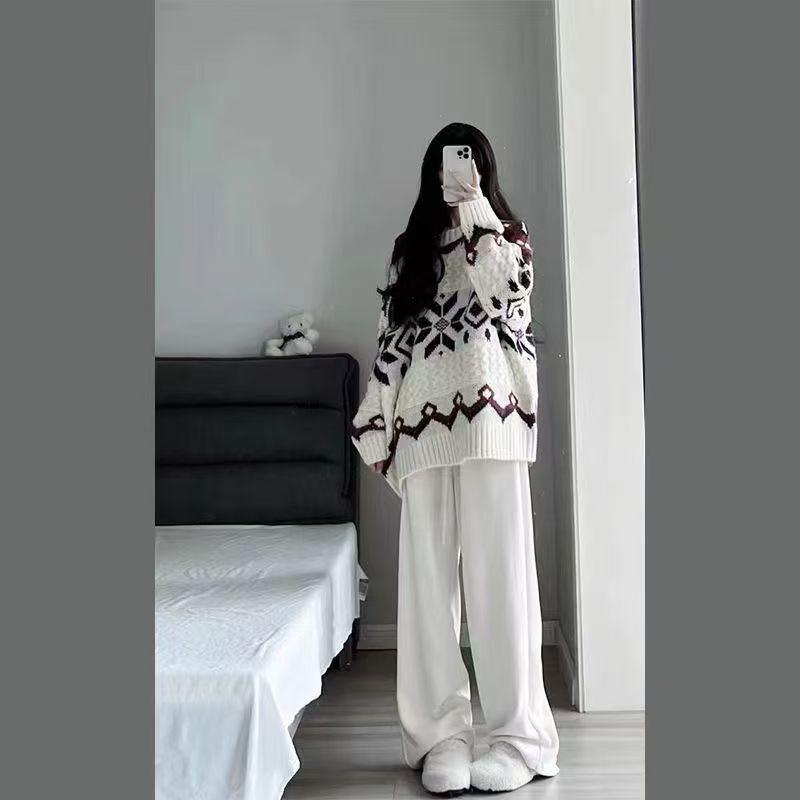 Women's Spring Academy-Style Knit Sweater & Wide-Leg Pants Two-Piece Set