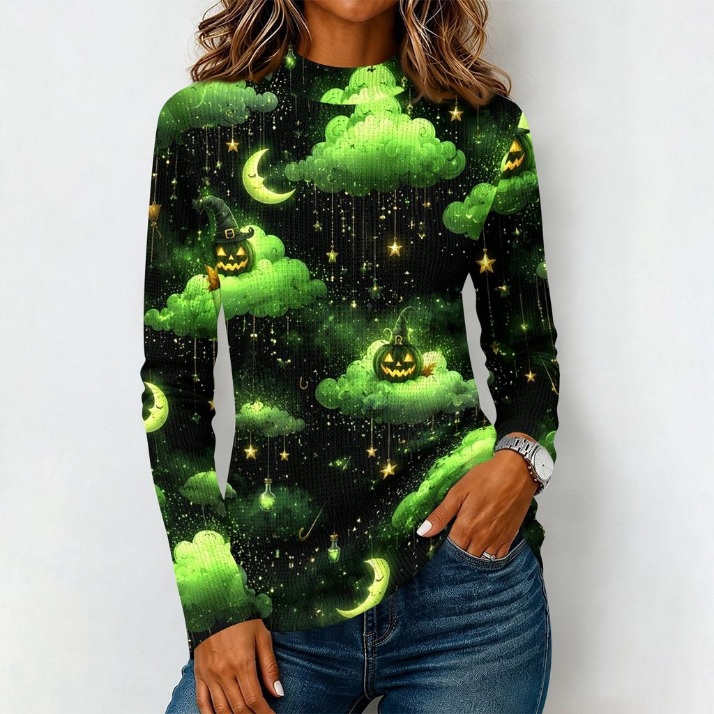 Damen Halloween Langarm T-Shirt Strick Lässig Rundhals Pullover Top