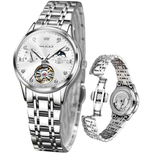 

Женские механические часы OLEVS, автоматические, симпатичные, женские часы, водонепроницаемые, светящиеся, бриллиантовые, сверкающие, женские часы с датой, белые