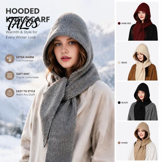 Unisex Winter Travel Cap Knitted Hooded Scarf, Beanies Hat with Cozy Functional Daily Wear Knit Neck Warmer for Cold Weather Shopping Commuting Casual
