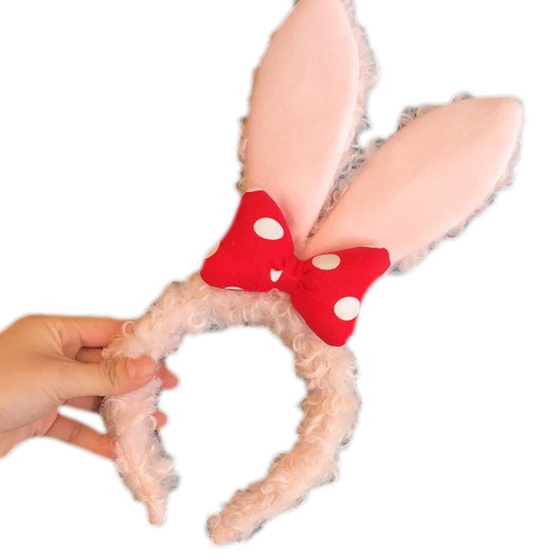 Women Furry Animal Bunny Ears Headdress Plush Rabbit Ears Headband with Bow for Halloween Christmas Cosplay Accessories розовый