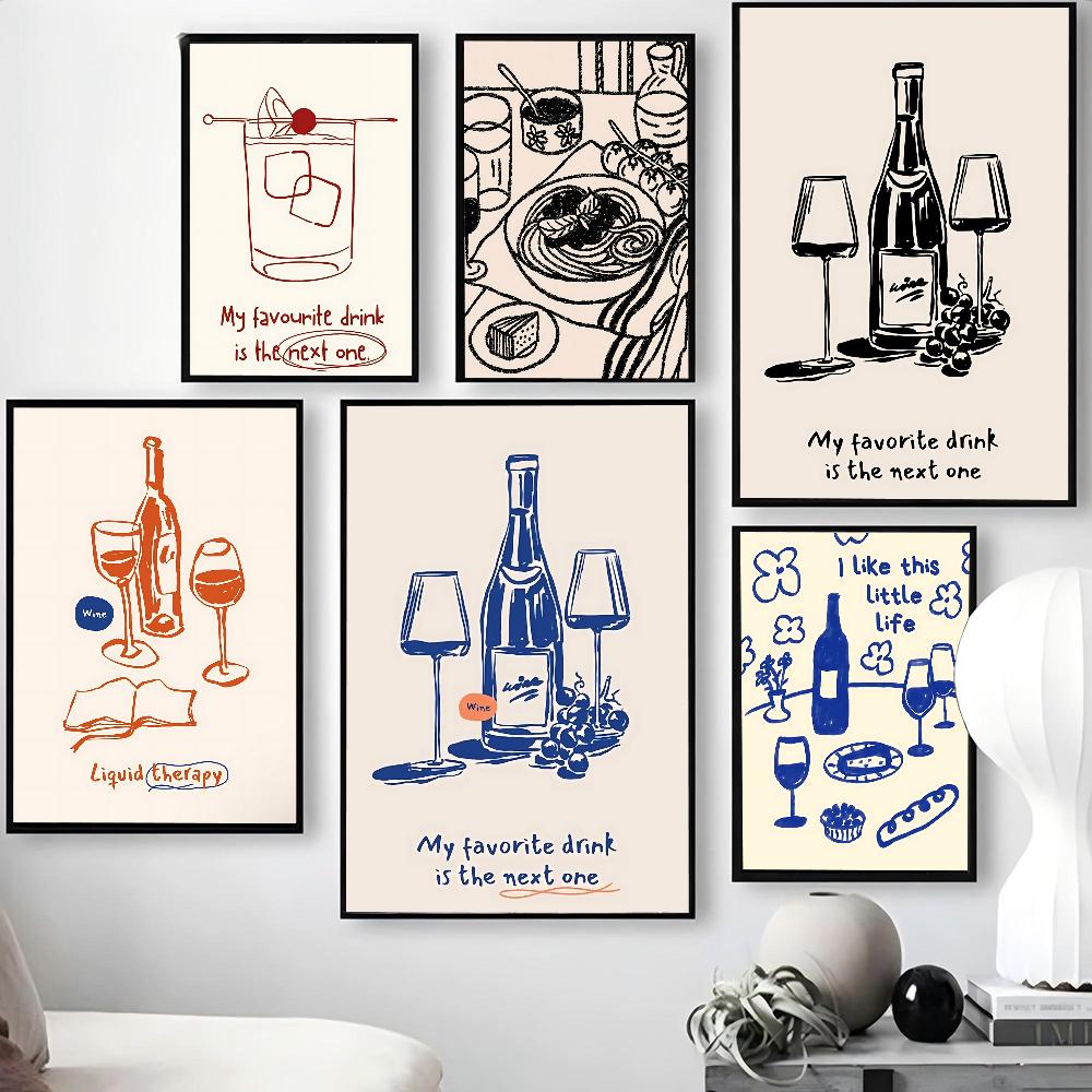 1PC Abstract Art Wine Glass Pizza Poster Self-adhesive Art Waterproof Paper Sticker Coffee House Bar Room Wall Decor