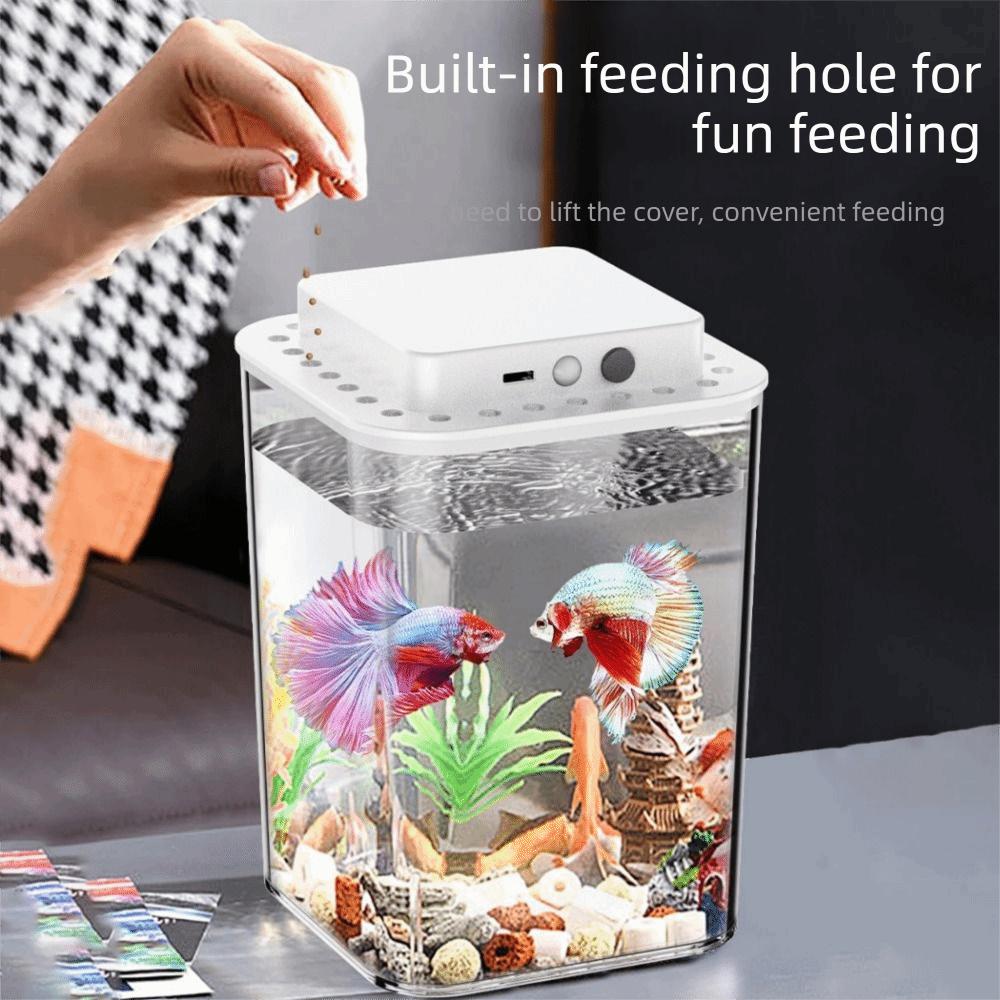 Transparent Betta Fish Tank Intelligent Sensing LED Light Desktop Fish Bowl USB Charging with Feeding Hole Fish Breeding Tank