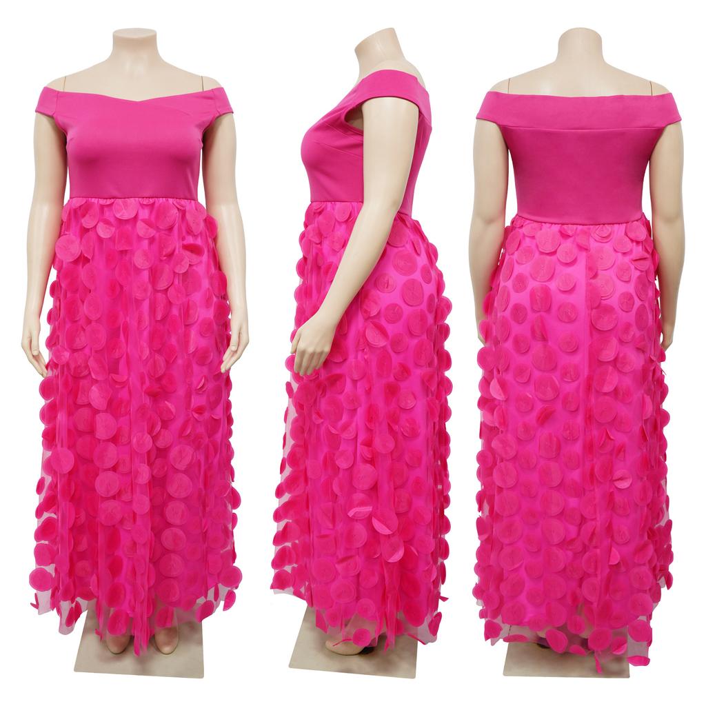 Maxi Abito da Donna Taglie Forti a Spalle Scoperte con Ruffle a Petalo 3D Vita Alta Lunghezza Maxi Elegante Abito da Sera Abito per Ospite di Matrimonio Formale Abito da Ballo