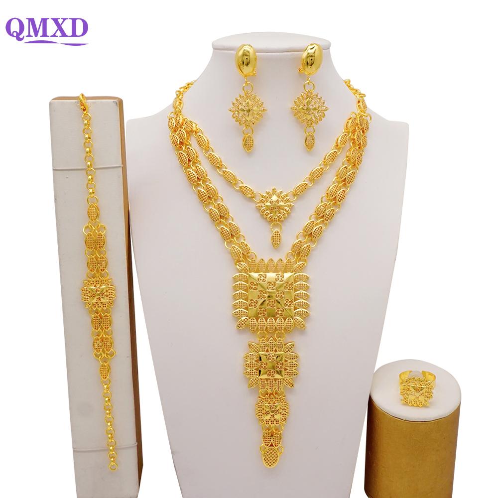 Trendy Nigerian Dubai Gold Color Jewelry Set For Women Tassel Long Chain Bridal Long Necklace Bracelet Earring Ring Wedding Sets