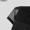 INCERUN Kortermede menn i ensfarget patchwork-overdeler Slim mesh, gjennomsiktige T-skjorter
