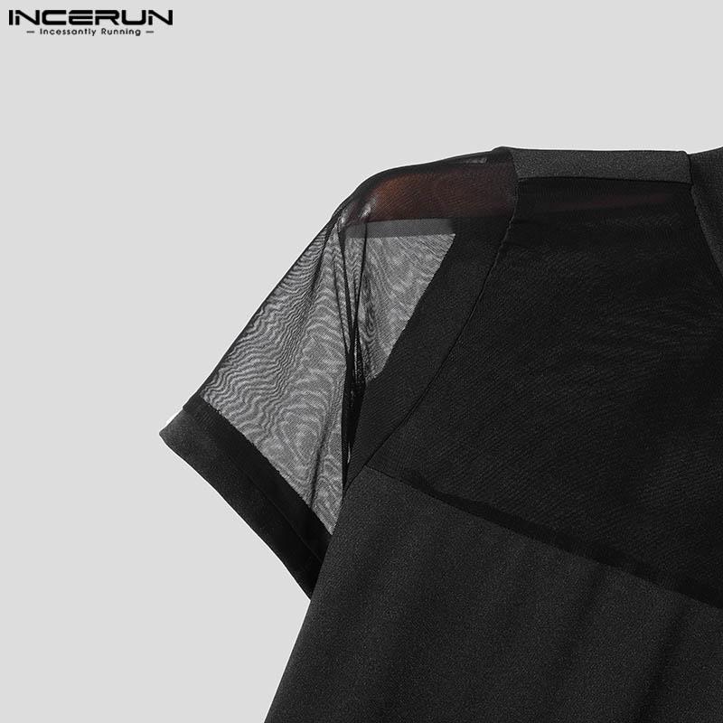 INCERUN Men Short Sleeve Solid Color Patchwork Tops Slim Mesh Sheer T-shirts