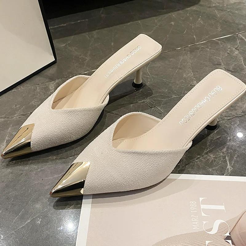 Fashion Pointed Toe Women Slippers Summer Elegant Mid Heels Shoes Fashion Dress Woman Pumps 2025 Trend Brand Casual Cozy Female Sandals