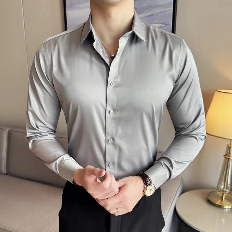 Black Men's Stretchy Wrinkle-Free Shirts, Blue Gray Red Green Asia Size M38-7XL46, White Plain Long Sleeve Office Dress Shirt.