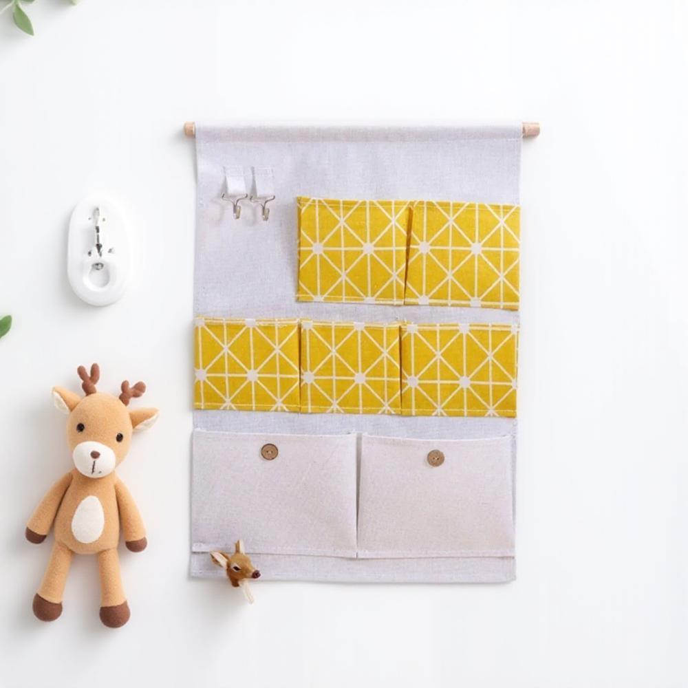 Cotton Linen Hanging Storage Bag 7 Pockets Waterproof Organizer for Bathroom Bedroom Wardrobe Wall Mount Home Storage Solution