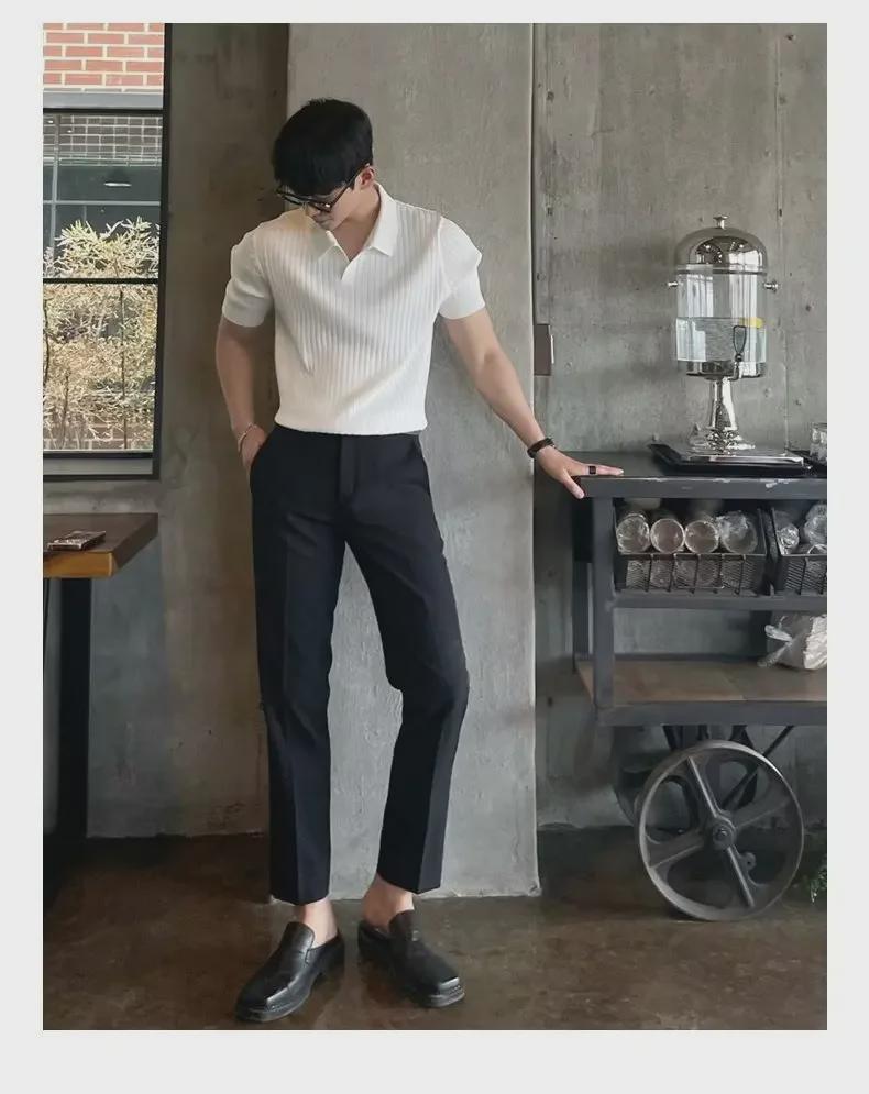 2023 Men's Summer Striped V-Neck Ice Silk Polo Shirt - Short Sleeve, Thin Knit Fashion Top