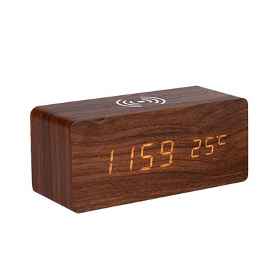 Digitaler Wecker aus Holz mit elektronischer LED-Zeitanzeige fürs Schlafzimmer, 10W kabelloses Laden, 3 Alarmeinstellungen, Datums- und Temperaturanzeige