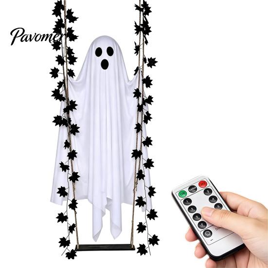 Autumn Garden Landscaping Props Halloween Hanging Swing Ghost Decoration with Maple Leaf, LED Lighted Large Spooky Funny White Ornament Swinging