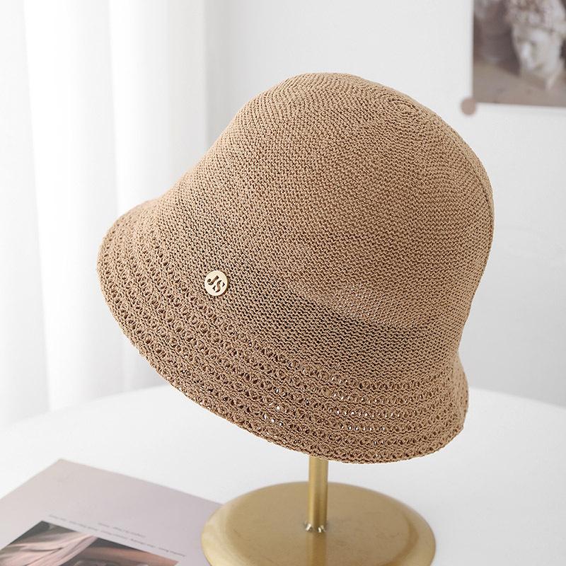 Chapeau seau en tricot ajouré pour femme Printemps Été Protection Solaire Avec Détail Métallique Léger Respirant Pour la Plage Nouveau kaki