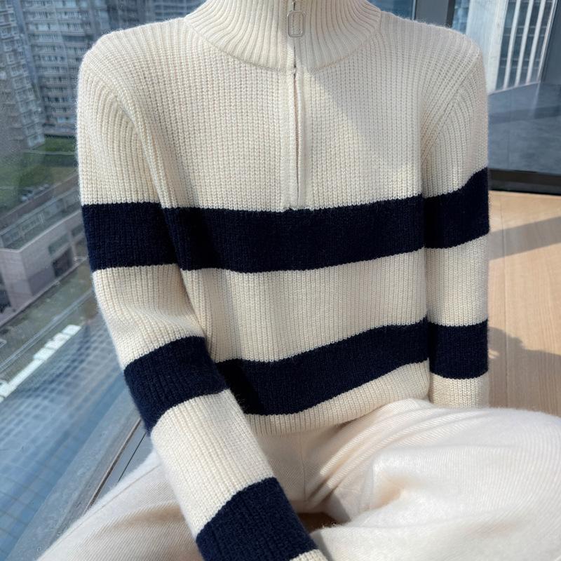 Loose Striped Knit Cardigan With Zipper Turn Down Collar