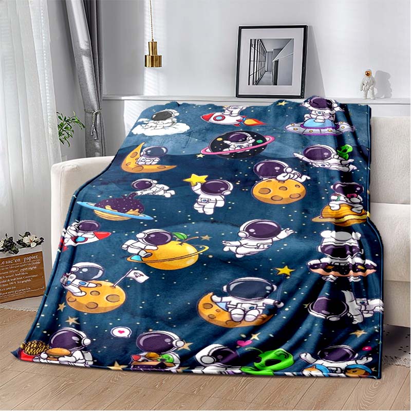 Space Astronaut Flannel Blanket, Soft Warm Throw with Cartoon Spaceman & Planet Print for Kids Bed Sofa, Cozy Bedding for Boys