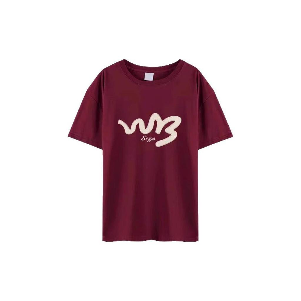 Burgundy Print Korean Style Casual Loose Short Sleeve T-Shirt