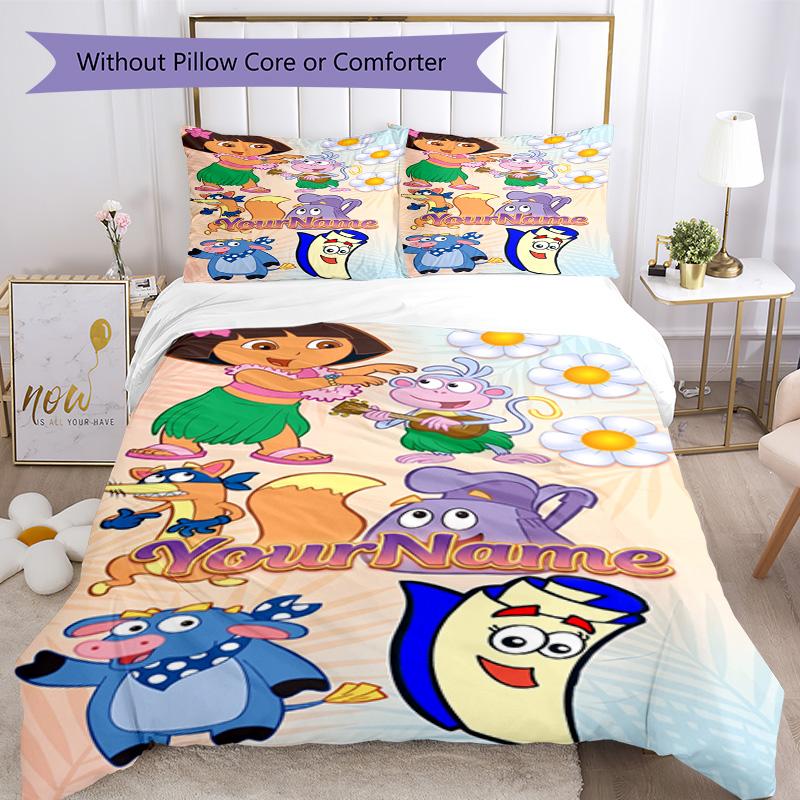 Dora Explorer Customize Your Name Bedding Set Breathable Duvet Cover with Pillowcases Home Decoration Birthday Gift