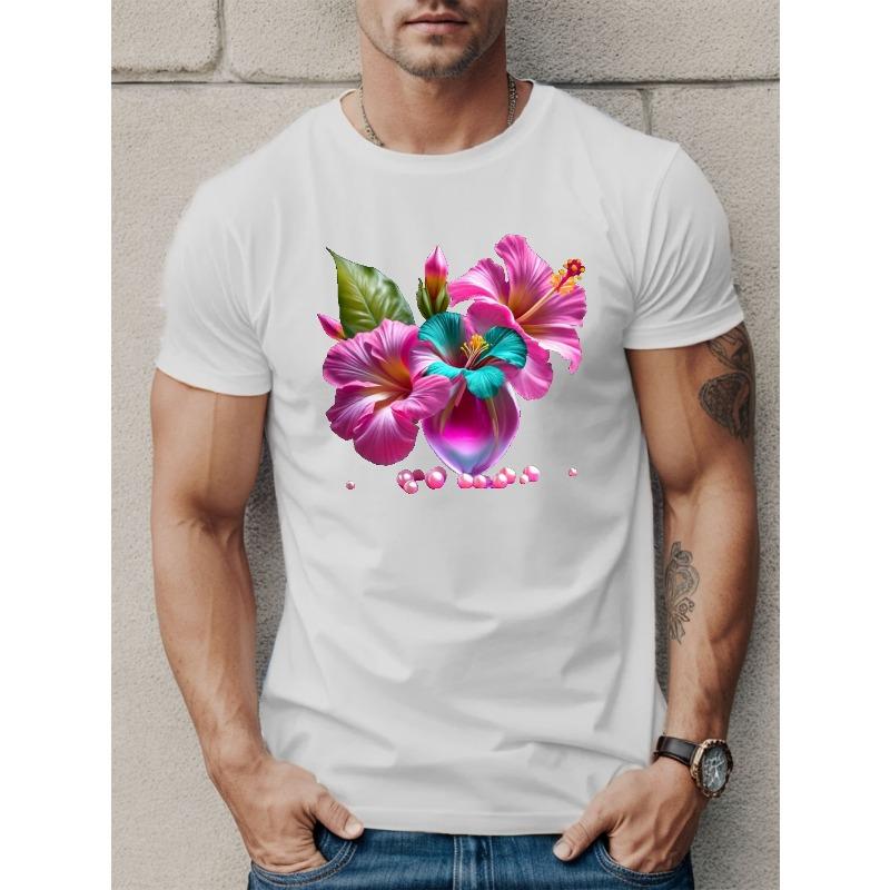 T-shirt Imprimé Fleurs Taille Européenne, T-shirts pour Homme, T-shirt Décontracté à Manches Courtes pour l'Été