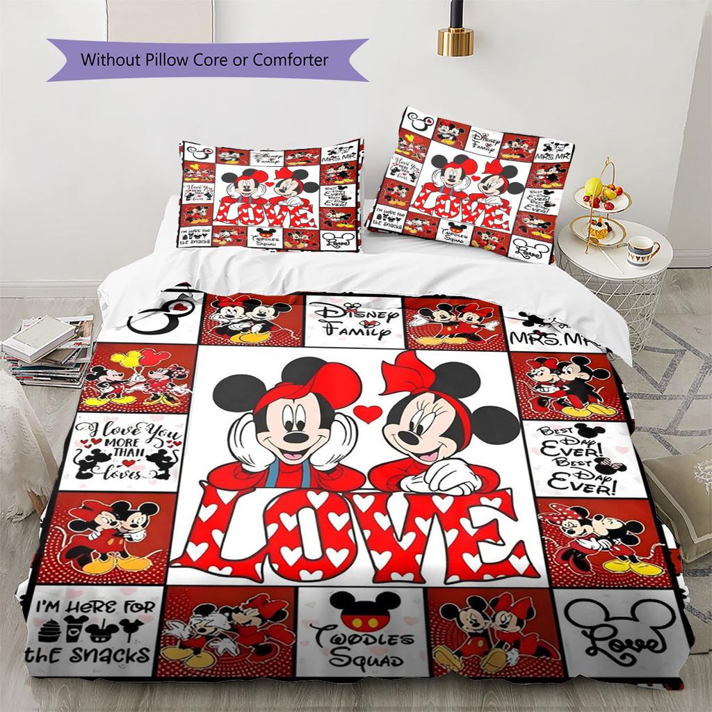 Red Patchwork Mickey & Minnie Couple Print Bedding Set, A Warm and Comfortable Choice for Decorating A Child's Bedroom.