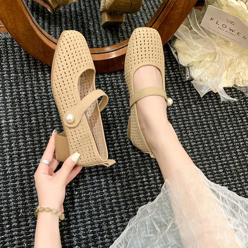 French Mary Jane single shoes women's hollow mesh woven flat bottom summer 2025 new with skirt Doudou grandma shoes