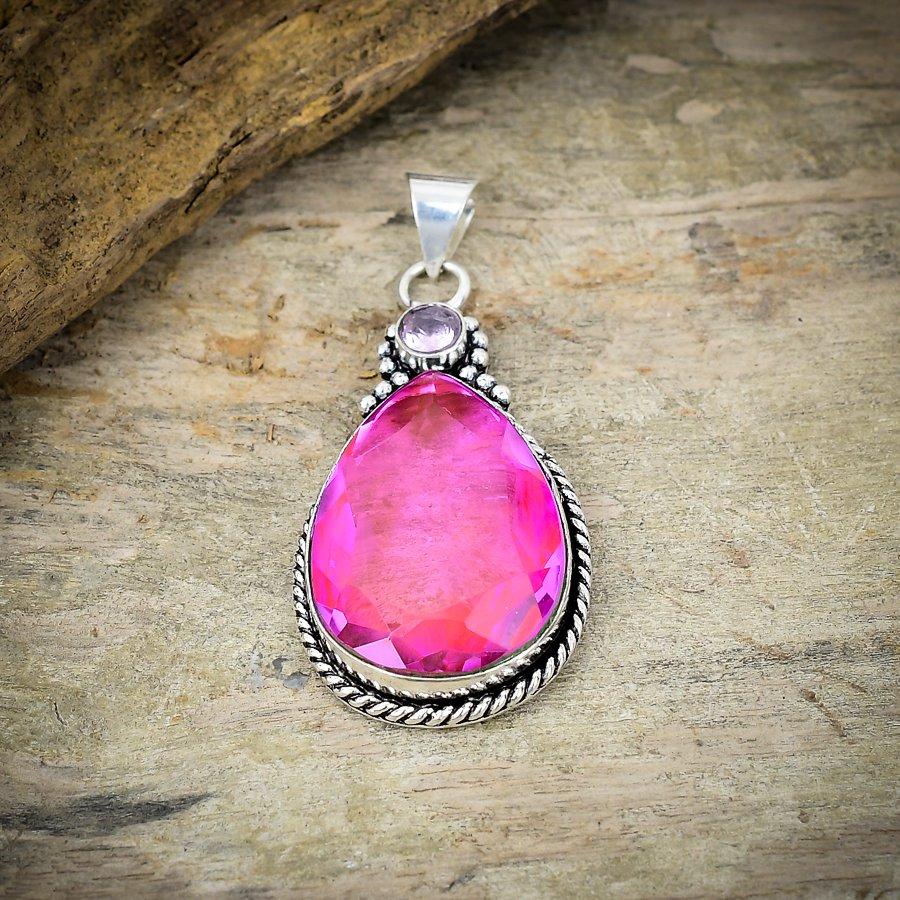 Pink Rubillite, Kunzite Gemstone 925 Sterling Silver Jewelry Pendant 2.44" M-188