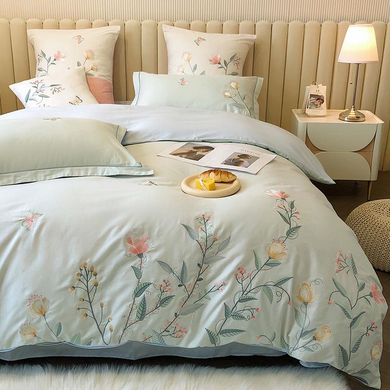 Роскошный гладкий хлопковый комплект из четырех предметов с вышивкой - 100% Чистый Хлопок Пододеяльник, Наволочка, Простыня - Простой Хлопковый Комплект Постельного Белья с Вышивкой 1.5msheet200x230，4-piece
