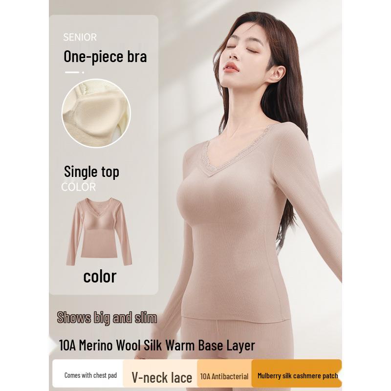 10A Antibacterial Women's Cashmere Silk Underwear Set with Chest Pads - Fleece-Lined, Autumn/Winter, Slimming Base Layer